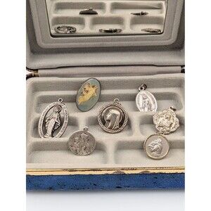 Lot of 7 Vintage Religious Medals Saint‎ Christopher Mary Catholic Italy + Case